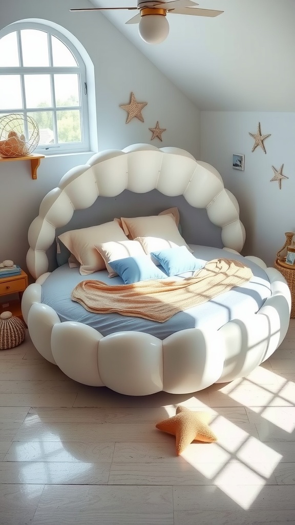A colorful bedroom with a distinctive clam bed, seashell decor, and a bright, airy atmosphere.